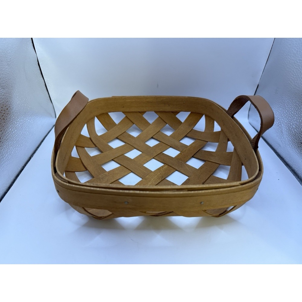 Henn Basket 2002 Handwoven Square Basket w/ Leather Handles Signed